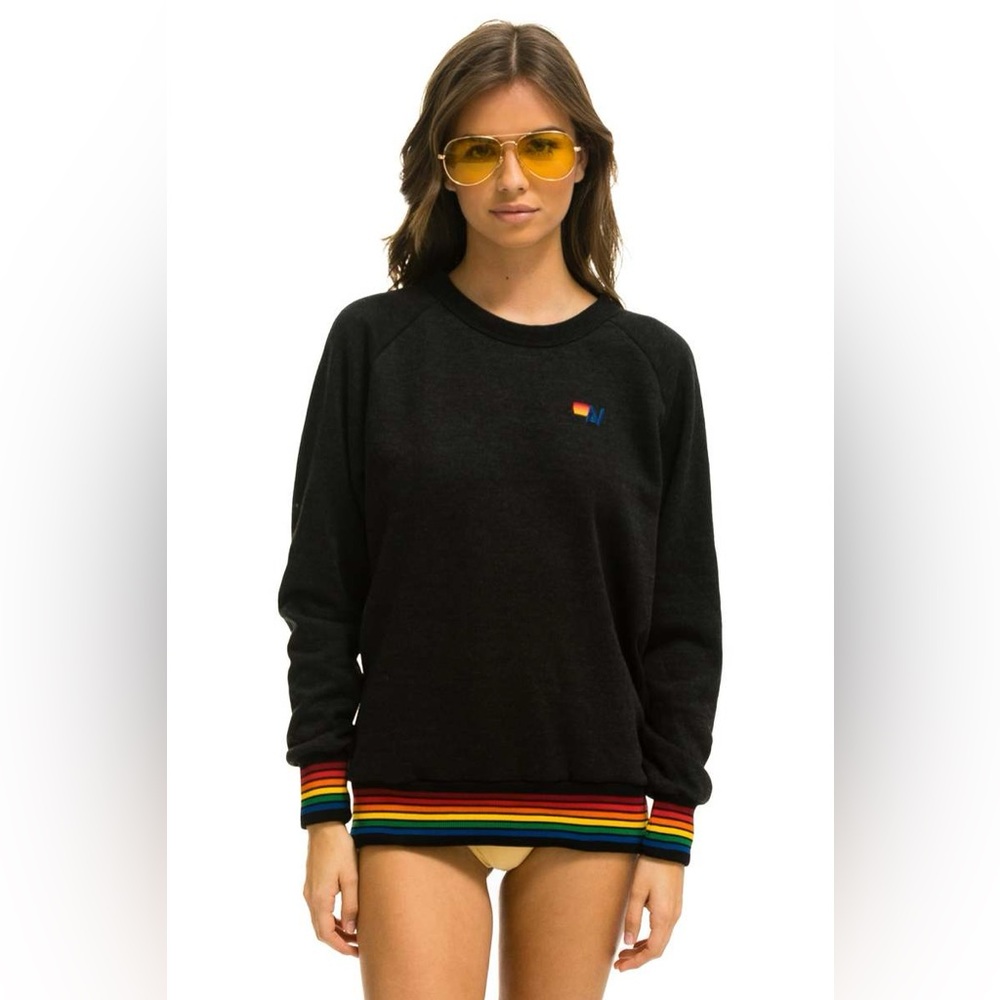 Aviator Nation Rainbow Rib Crew Sweatshirt in Black